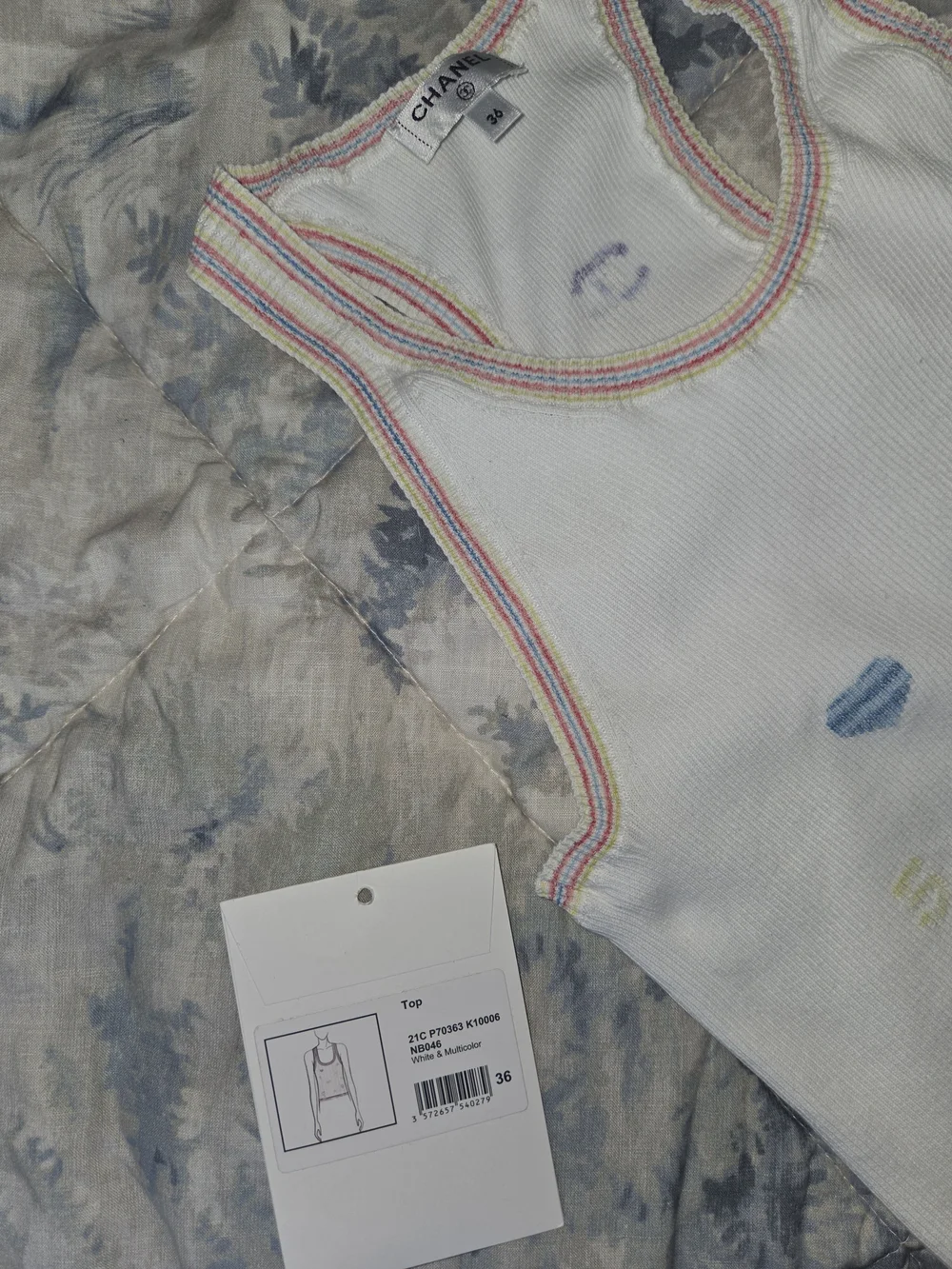 Chanel White Ribbed Logo Tank Top — Multicolor Motif